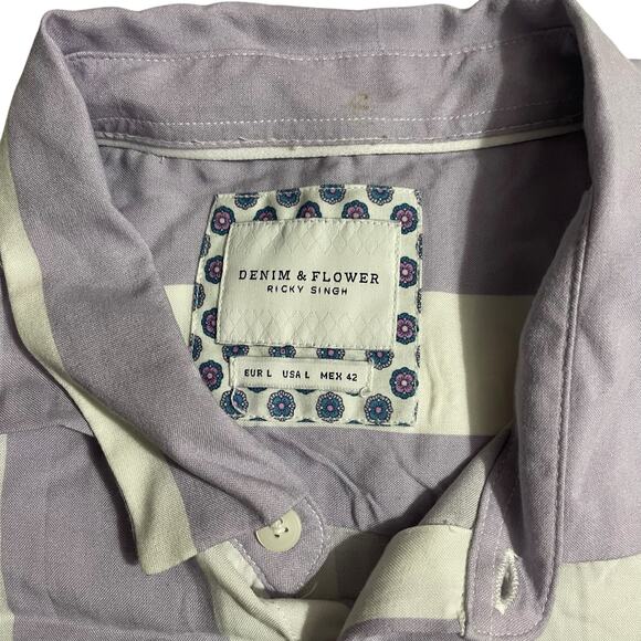 Denim & Flower Mens Button Up Shirt Size Large Purple White Stripes Short Sleeve - Picture 6 of 12